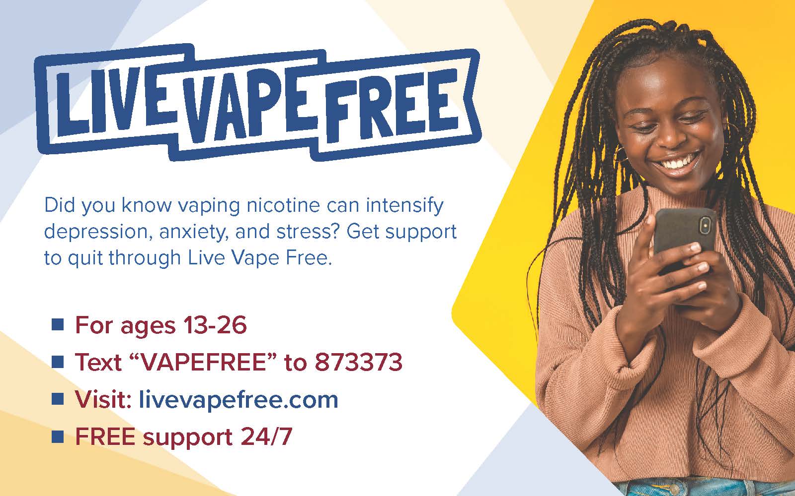 Postcard for the Live Vape Free program with a young Black woman smiling at her phone
