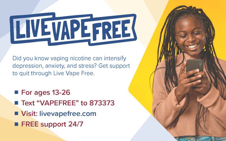 Live Vape Free postcard featuring a young Black woman smiling at her phone
